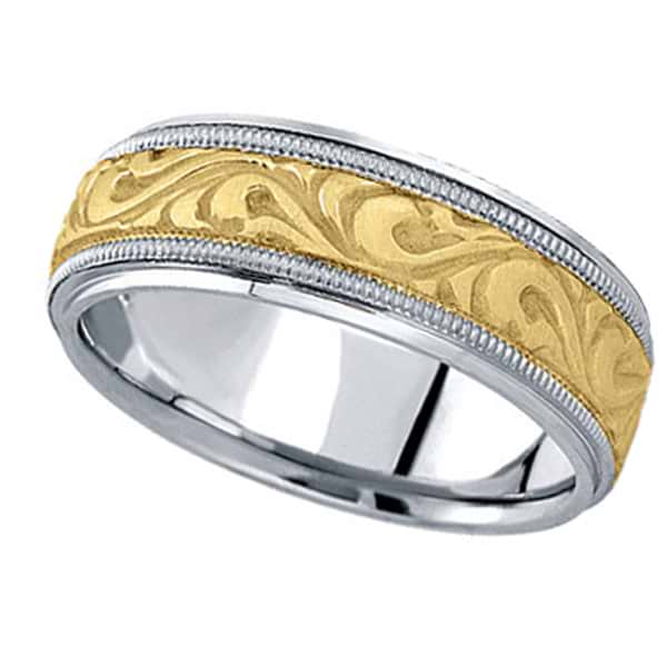 Antique Style Handmade Wedding Band in 14k Two Tone Gold (7.5mm)