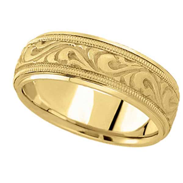 Antique Style Handmade Wedding Band in 14k Yellow Gold (7.5mm)