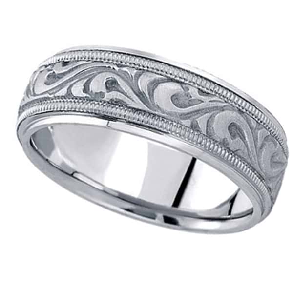 Antique Style Handmade Wedding Band in 18k White Gold (7.5mm)