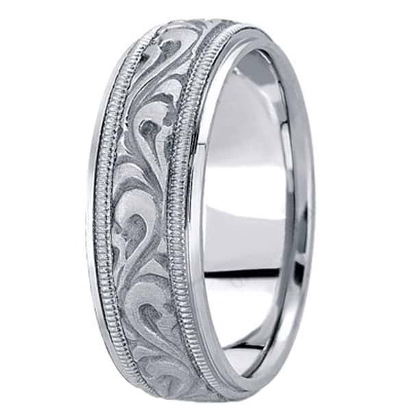 Antique Style Handmade Wedding Band in 18k White Gold (7.5mm)