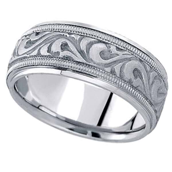 Antique Style Hand Made Wedding Band in 18k White Gold (9.5mm)