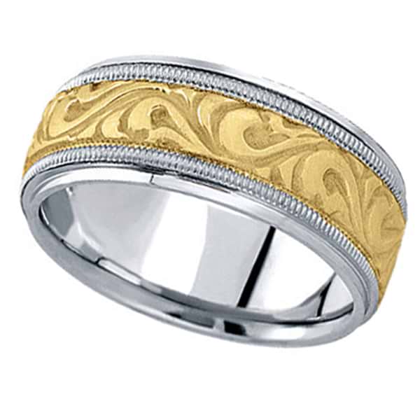Antique Style Hand Made Wedding Band in 18k Two Tone Gold (9.5mm)