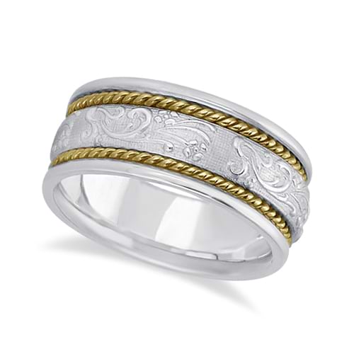 Men's Fancy Satin Finish Carved Wedding Ring 14k Two-Tone Gold (8.5mm)