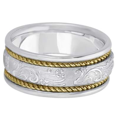 Men's Fancy Satin Finish Carved Wedding Ring 14k Two-Tone Gold (8.5mm)