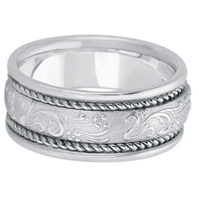 Men's Fancy Satin Finish Carved Wedding Ring 14k White Gold (8.5mm)