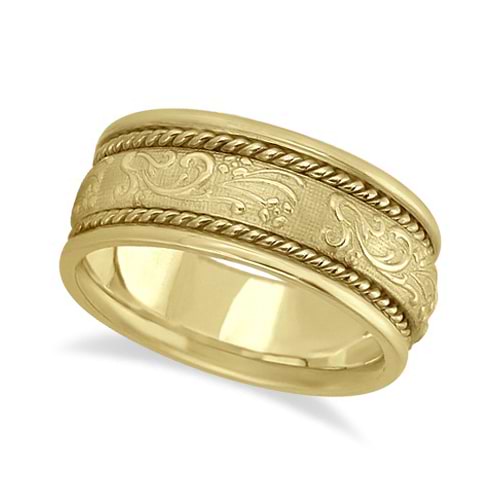 Men's Fancy Satin Finish Carved Wedding Band 18k Yellow Gold (8.5mm)