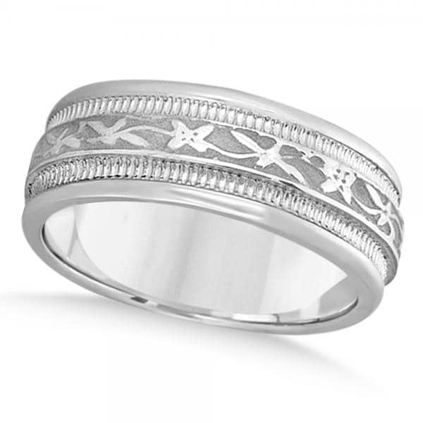 Flower Antique Style Wedding Ring Wide Band 14k White Gold 8mm