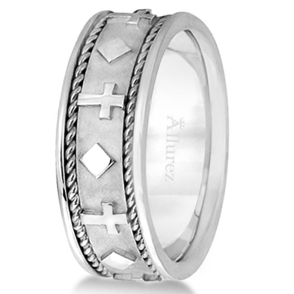 Handmade Wedding Band With Crosses in 14k White Gold (8.5mm)