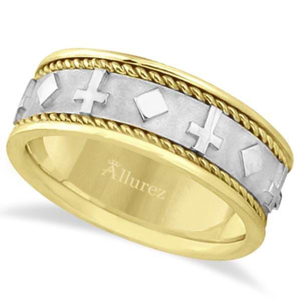 Handmade Wedding Band With Crosses in 14k Two-Tone Gold (8.5mm)