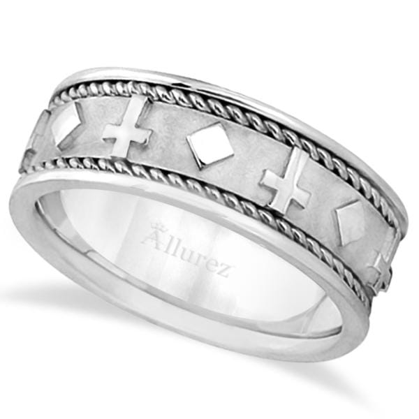 Handmade Wedding Band With Crosses in 18k White Gold (8.5mm)
