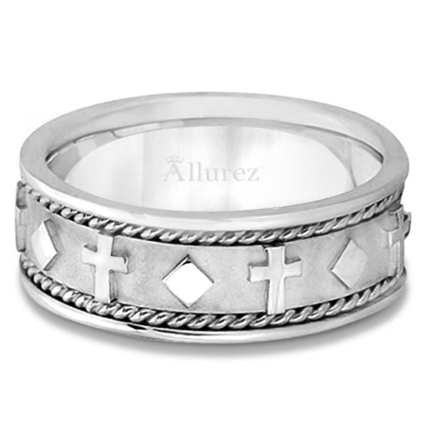 Handmade Wedding Band With Crosses in 18k White Gold (8.5mm)