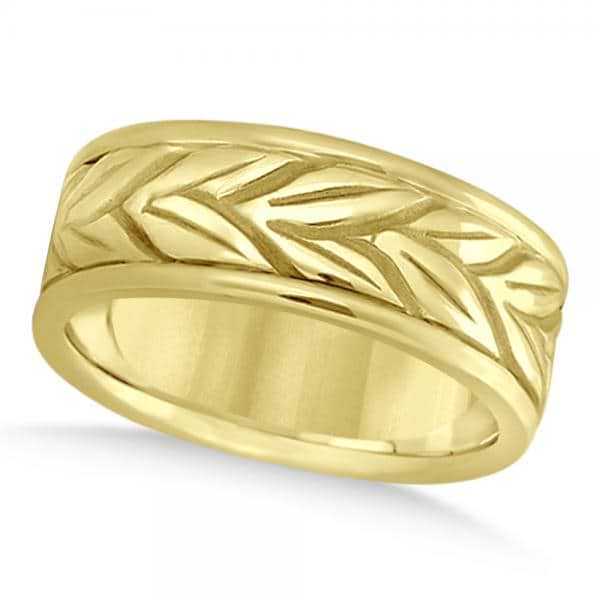 Men's Carved Leaf Antique Style Wedding Band 14k Yellow Gold 8mm