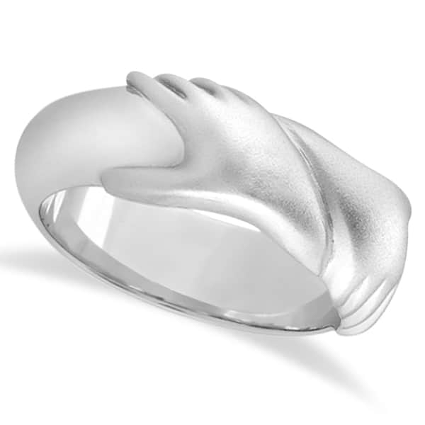 Unisex Wedding Band Friendship Ring Carved Hand Design 14K White Gold