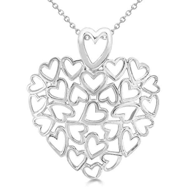 Ladies Carved, Multiple Open Hearts Pendant Necklace in 14k White Gold