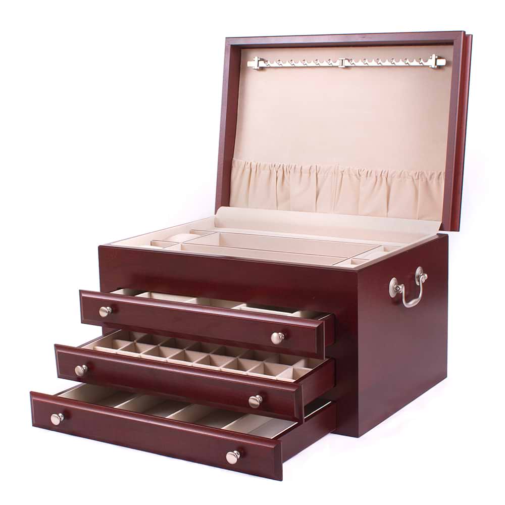 Solid American Cherry Hardwood Jewelry Chest with Rich Mahogany Finish