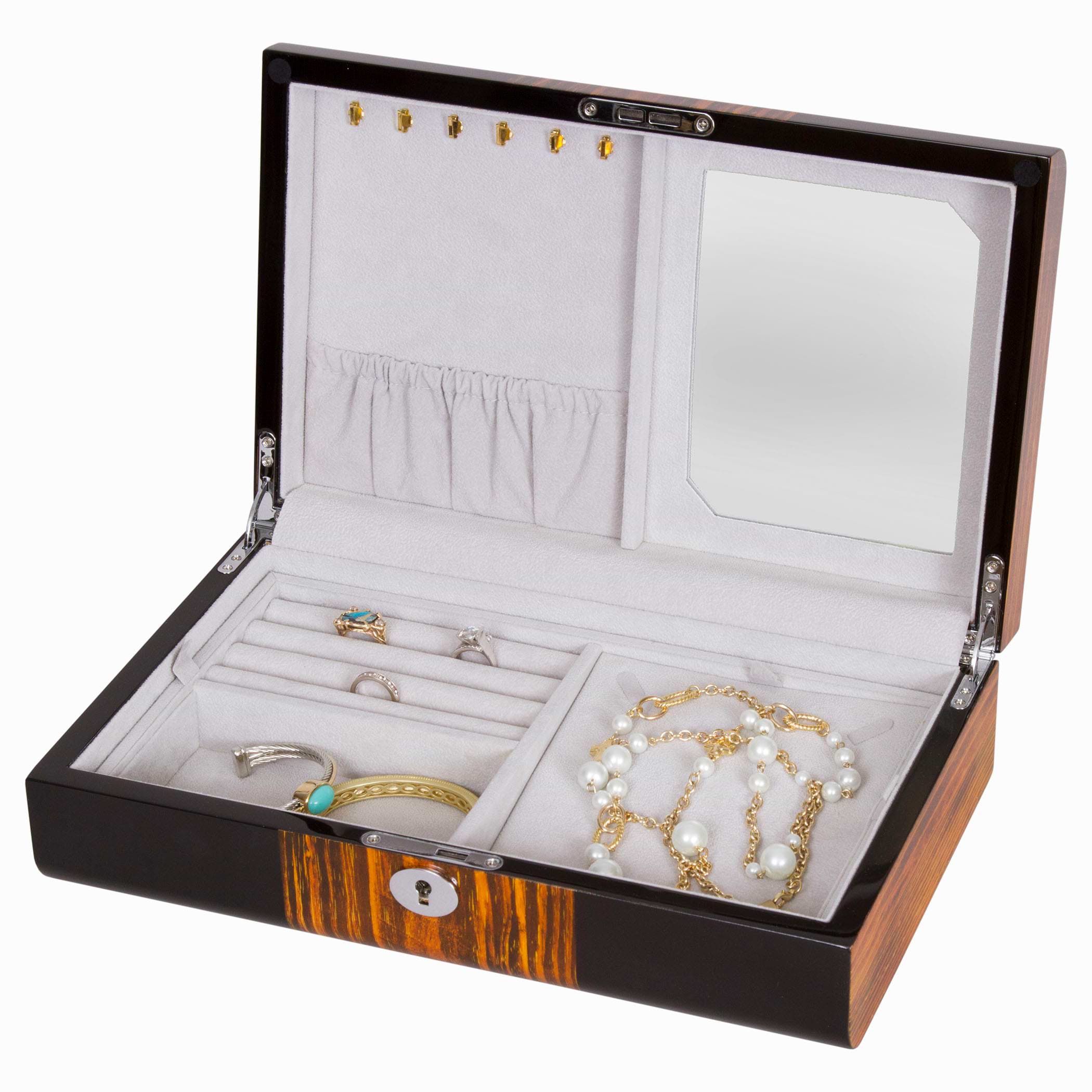 Unisex Jewelry Box in Ebony Wood w Bubinga & 2 Lift-out Sections
