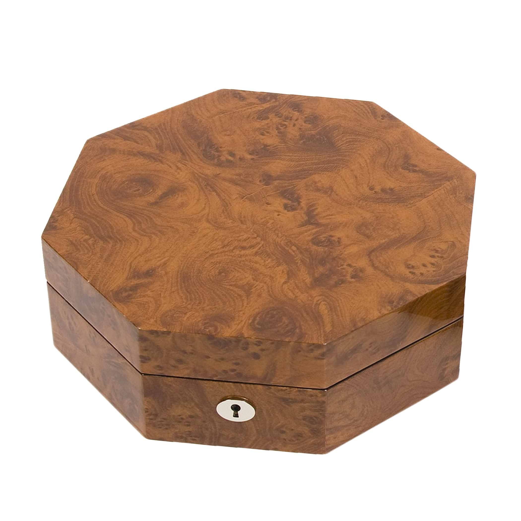 Octagon-shape Burlwood Jewelry Box w Ring Rolls & Removable Tray