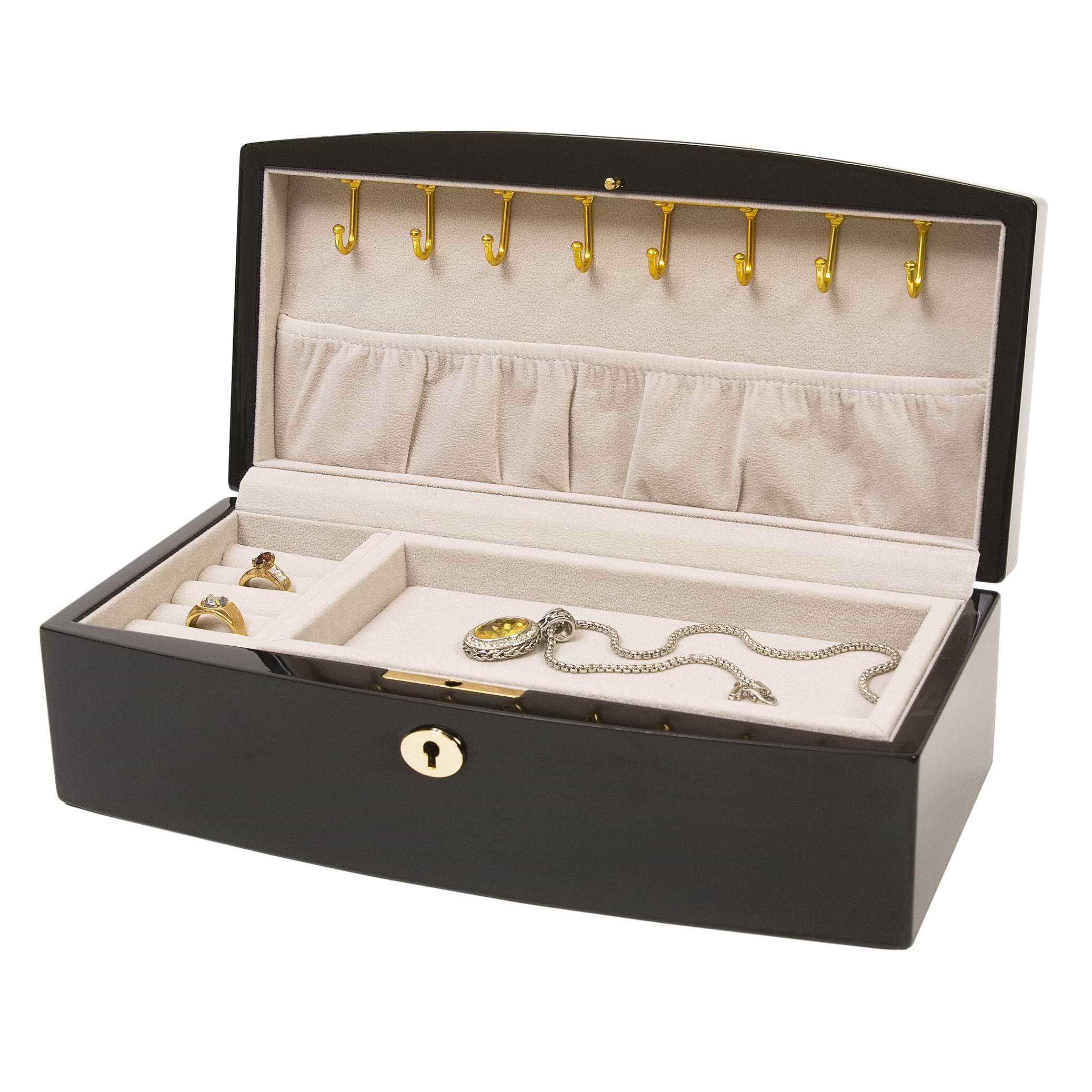 Italian Inlaid Burlwood Jewelry Box w Necklace Hooks & Lift-out Tray