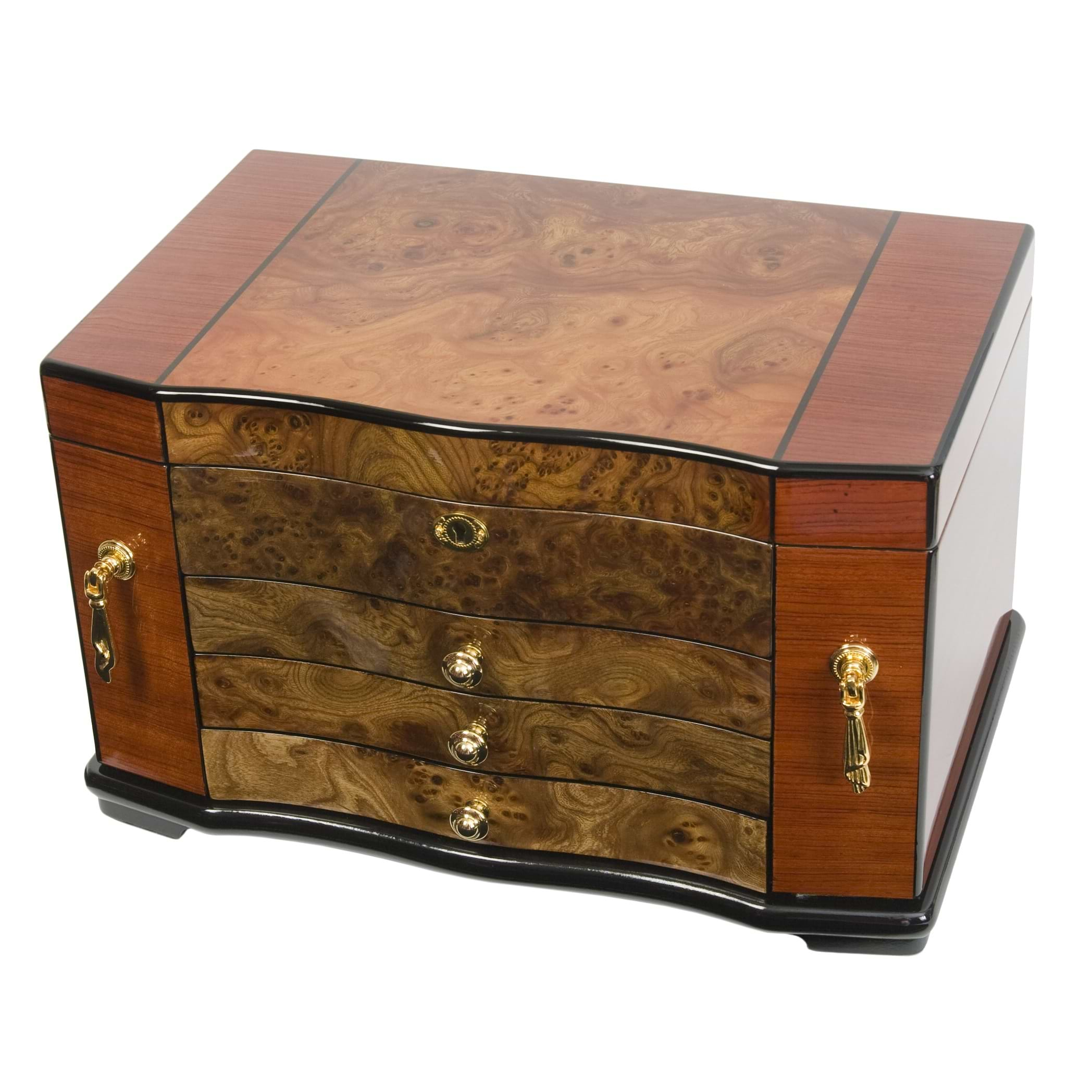 Elm Burl Inlay Bubinga Jewelry Chest w Multiple Compartments