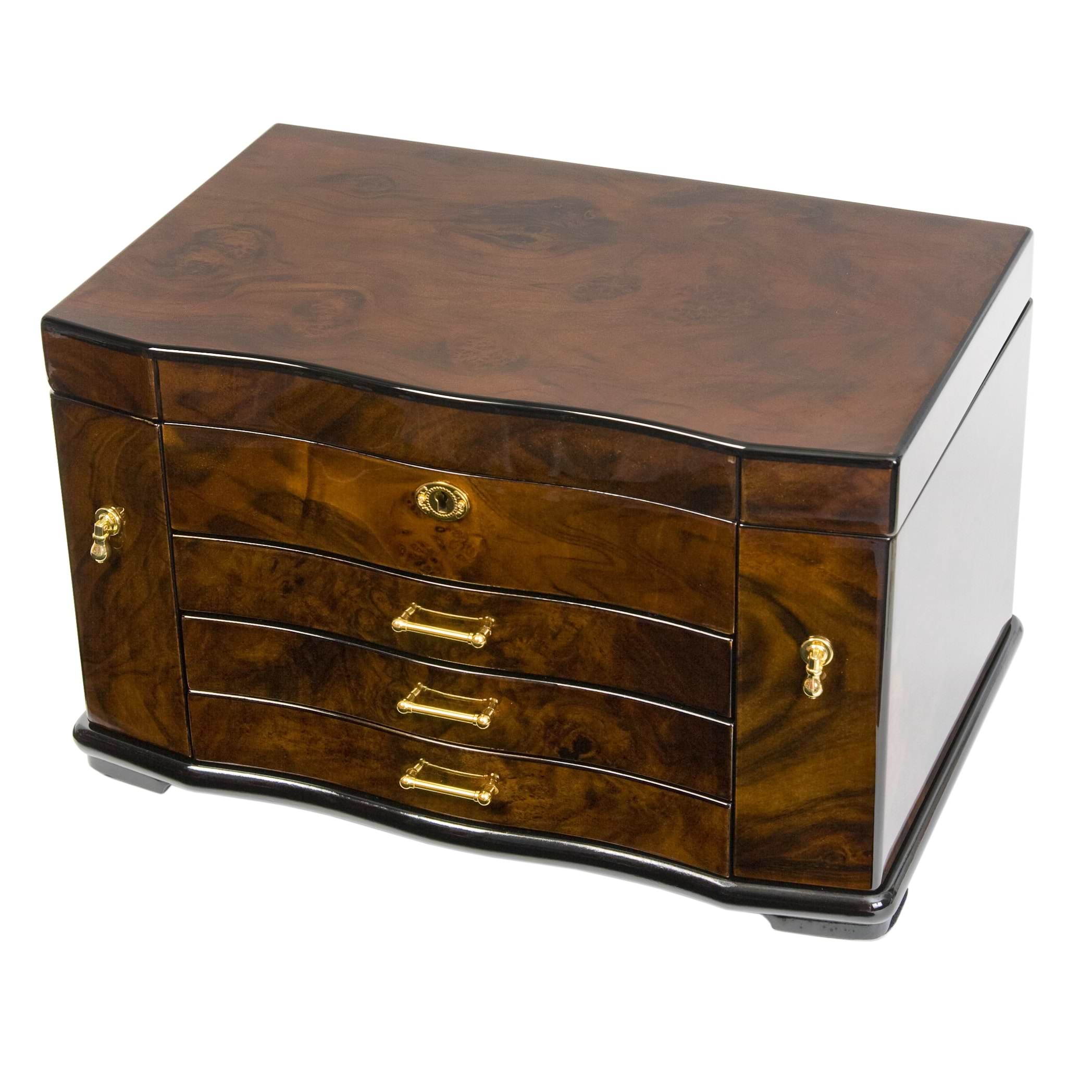 Walnut Burl Jewelry Box w 3 Pull-out Drawers & 2 Swing-out Doors