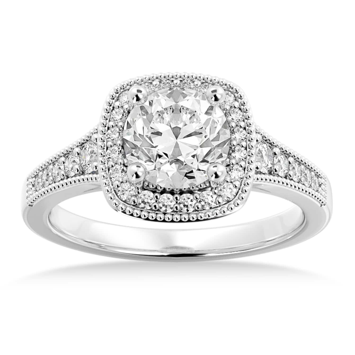 Antique Style Diamond Halo Engagement Ring 14k White Gold (0.24ct)