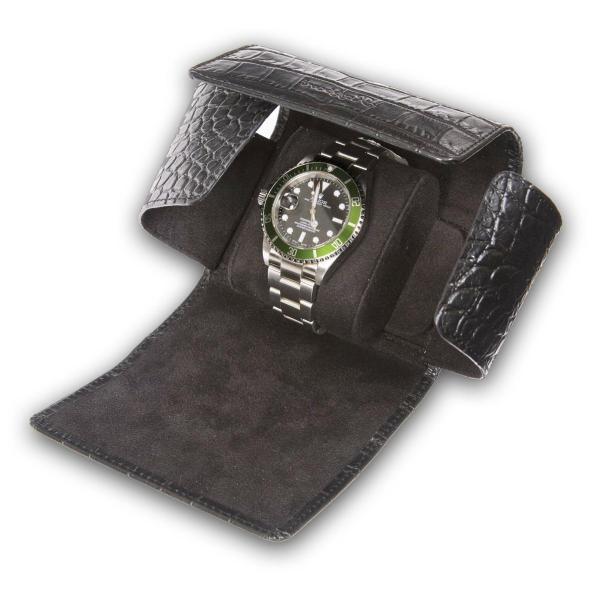 Rapport London Single Watch Roll with Crocodile Pattern Black Leather