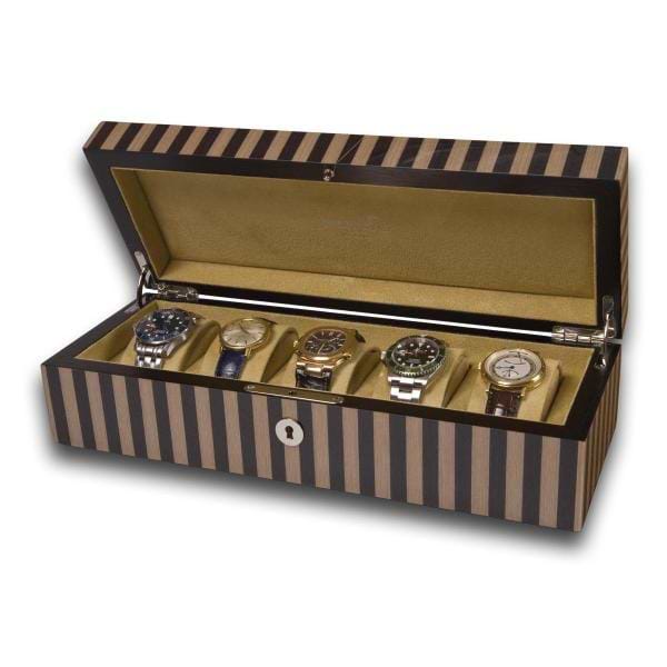 Rapport London Five Watch Box in Black and Tan Striped Wood