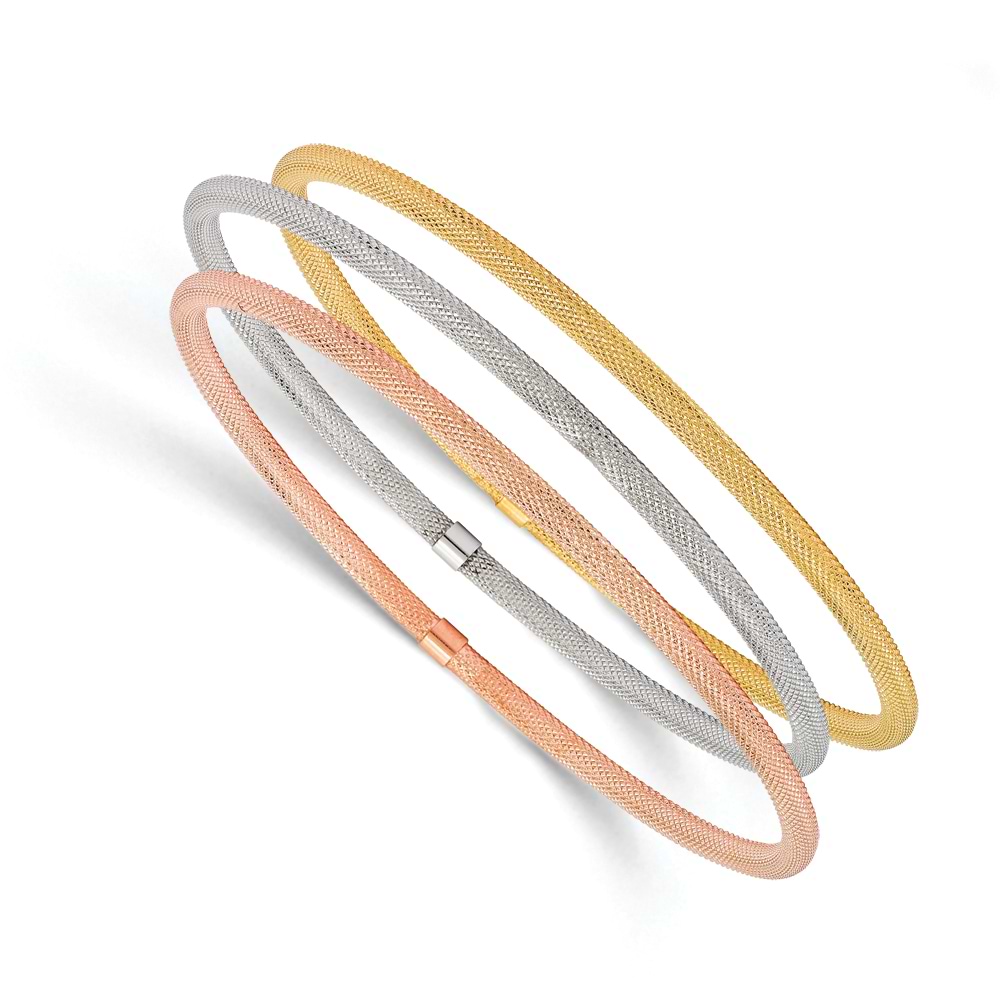 Tri-Color Set Of 3 Stackable Bangle Bracelets 14k Multi-Tone Gold
