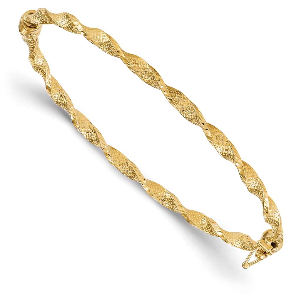Fancy Hinged & Textured Twisted Bangle Bracelet 14k Yellow Gold