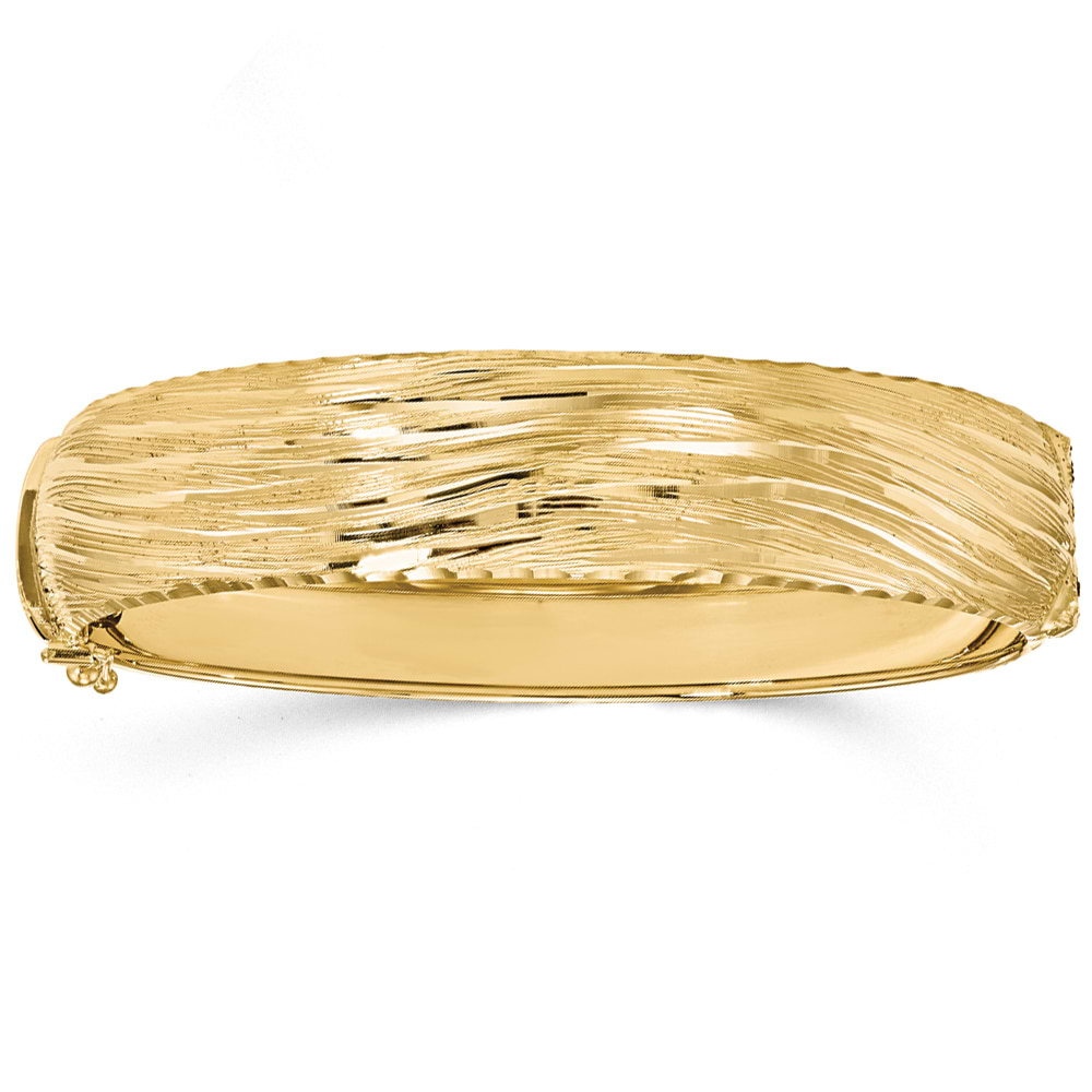 Textured Diamond-cut Hinged Wide Bangle Bracelet 14k Yellow Gold
