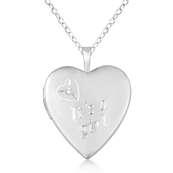 Sterling Silver Heart "It's A Girl" Diamond Locket Necklace (0.01ct)