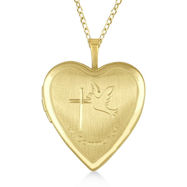 Hand Engraved Heart Locket Necklace w/ Cross & Dove Vermeil