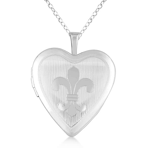 Vintage Heart Shaped Fleur De Lis Locket Necklace Sterling Silver