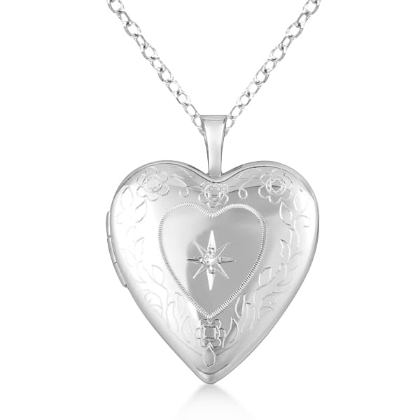 Sterling Silver Vintage Engraved Heart Diamond Locket Necklace (.01ct)