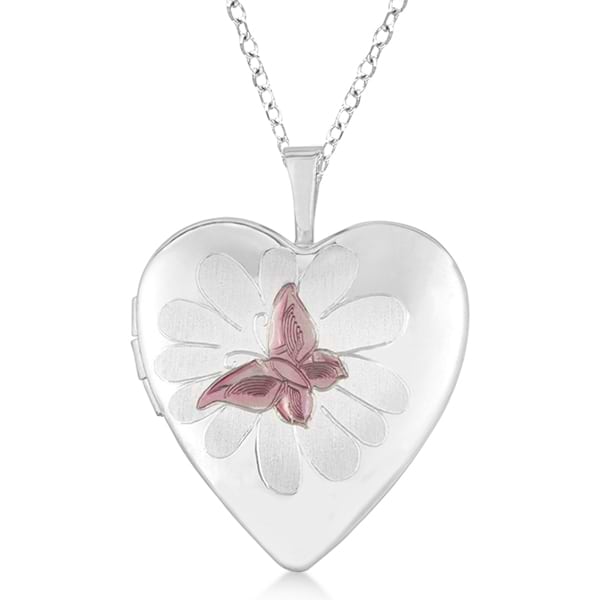 Heart Shaped Butterfly Design Pendant Locket w/ Flower Sterling Silver