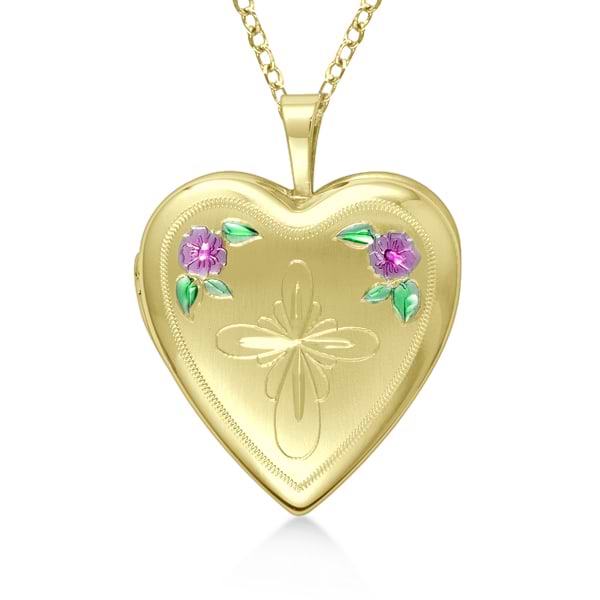 Heart Shaped Cross & Flower Pendant Locket Gold Vermeil