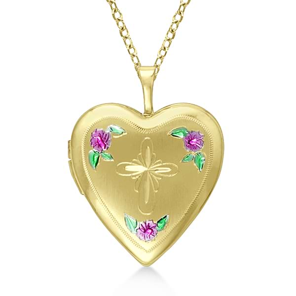 Heart Shaped Cross Design Flower Engraving Pendant Locket Vermeil