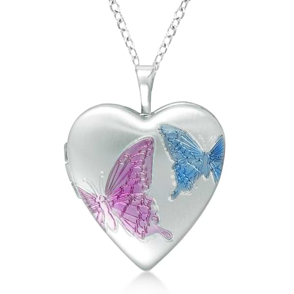 Heart Shaped Butterfly Design Pendant Locket Sterling Silver