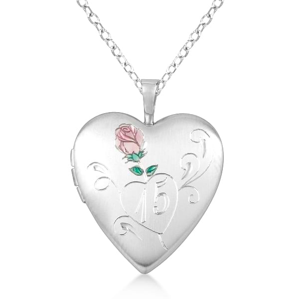 Heart Locket Pendant Flower & Quinceanera Design Sterling Silver