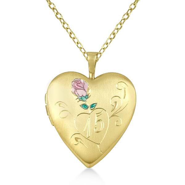 Heart Locket Pendant Flower & Quinceanera Design Gold Vermeil