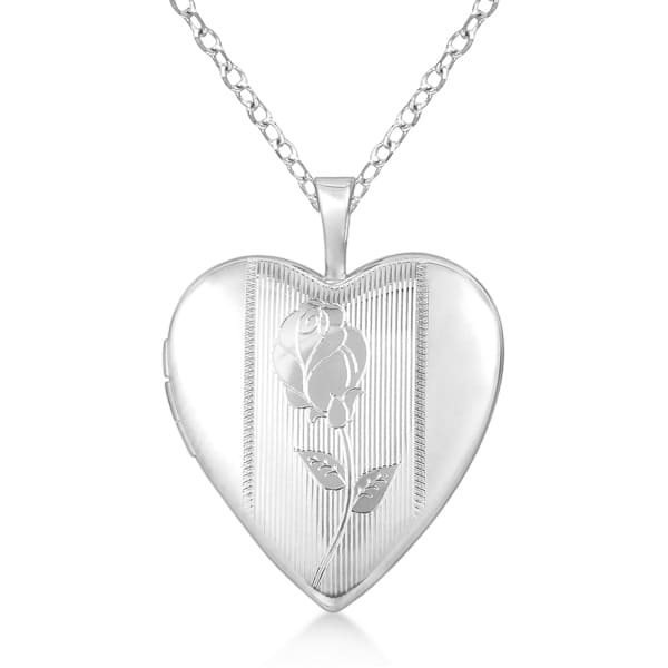 Heart Photo Locket Pendant w/ Hand Engraved Flower Sterling Silver