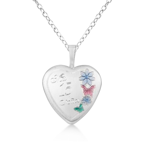 Heart Locket Pendant Quinceanera & Flower Engraved Sterling Silver
