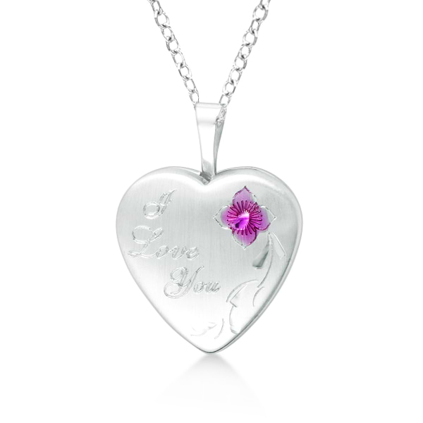 Heart Shape I Love You Pendant Locket w/ Flower Design Sterling Silver