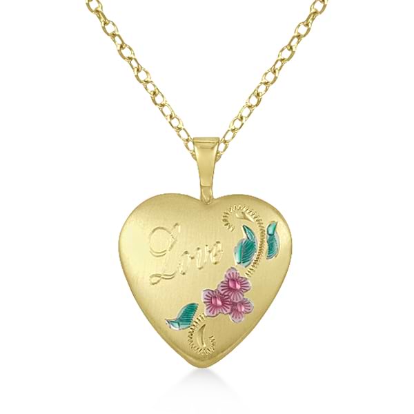 Love Engraving Photo Locket Pendant w/ Flower Pattern Gold Vermeil