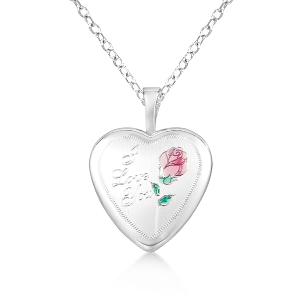 Heart Photo Locket Pendant w/ I Love You Engraving Sterling Silver