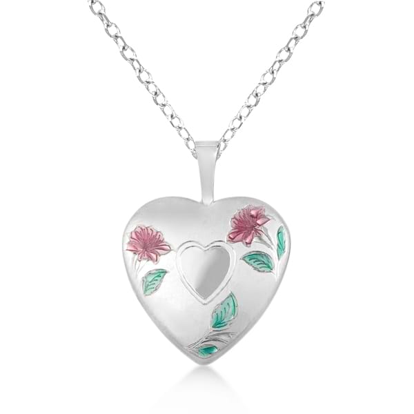 Heart Locket Pendant Necklace Colored Flowers Sterling Silver