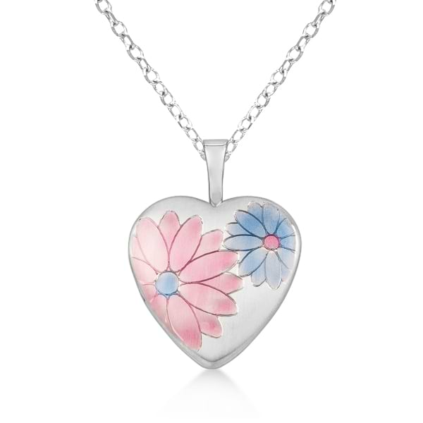 Flower Design Heart Locket Pendant Polished Finish Sterling Silver