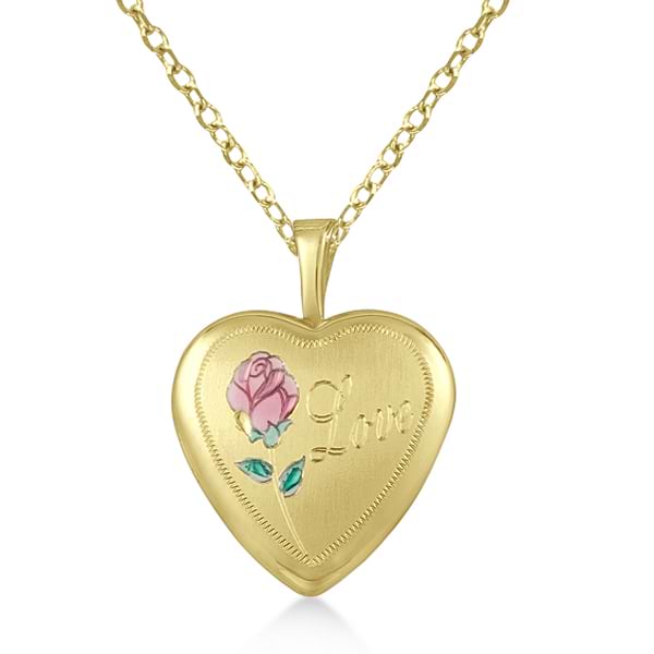 Heart Pendant Photo Locket w/ Love Engraving & Flower Gold Vermeil
