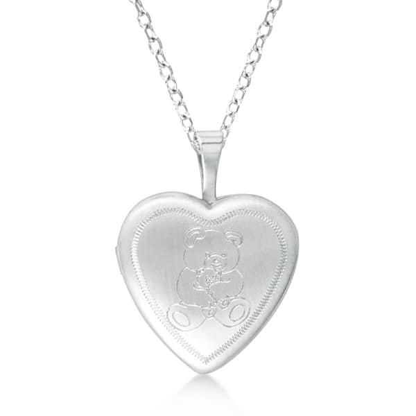 Heart Shaped Teddy Bear Engraved Pendant Locket Sterling Silver