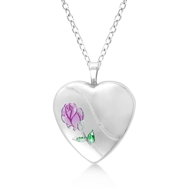 Heart Shaped Necklace Locket w/ Colored Flower Sterling Silver